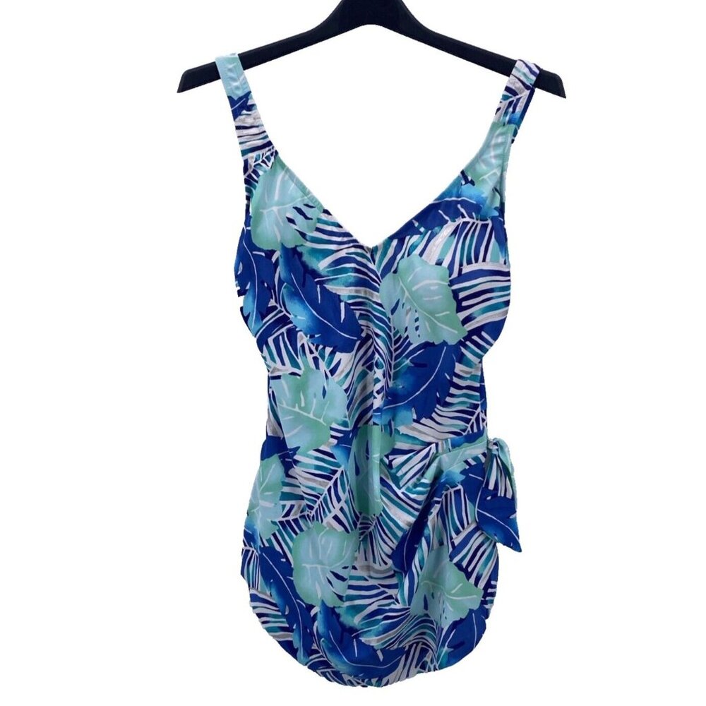 Maxine of Hollywood Swimsuit 16 Multicolor Leaf Print Draped Skirt Front Tie